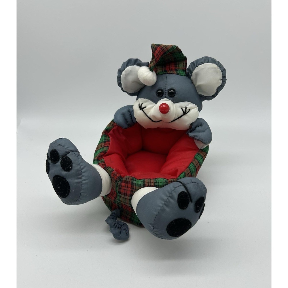 Vintage Avon Christmas 1980's Mouse Candy Nut Basket Nylon Plush Kitsch Plaid